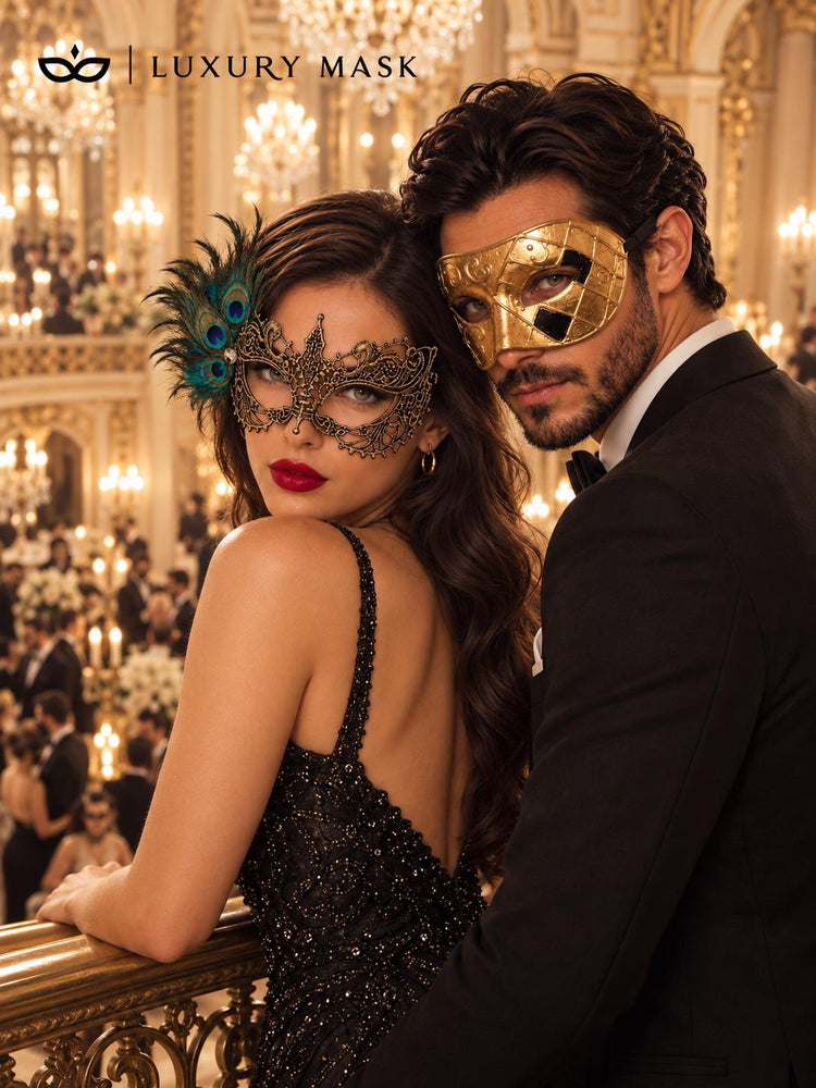 Gold Couples Masquerade Mask Set | Checkered Venetian Mask for Men & Peacock Feather Lace Mask for Women product view 4