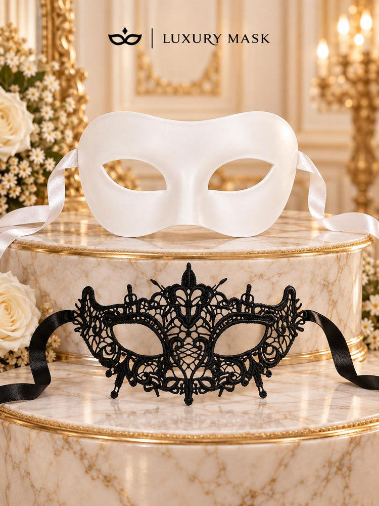 White & Black Couples Masquerade Mask Set | Classic Venetian Mask for Men and Elegant Lace Mask for Women product view 6
