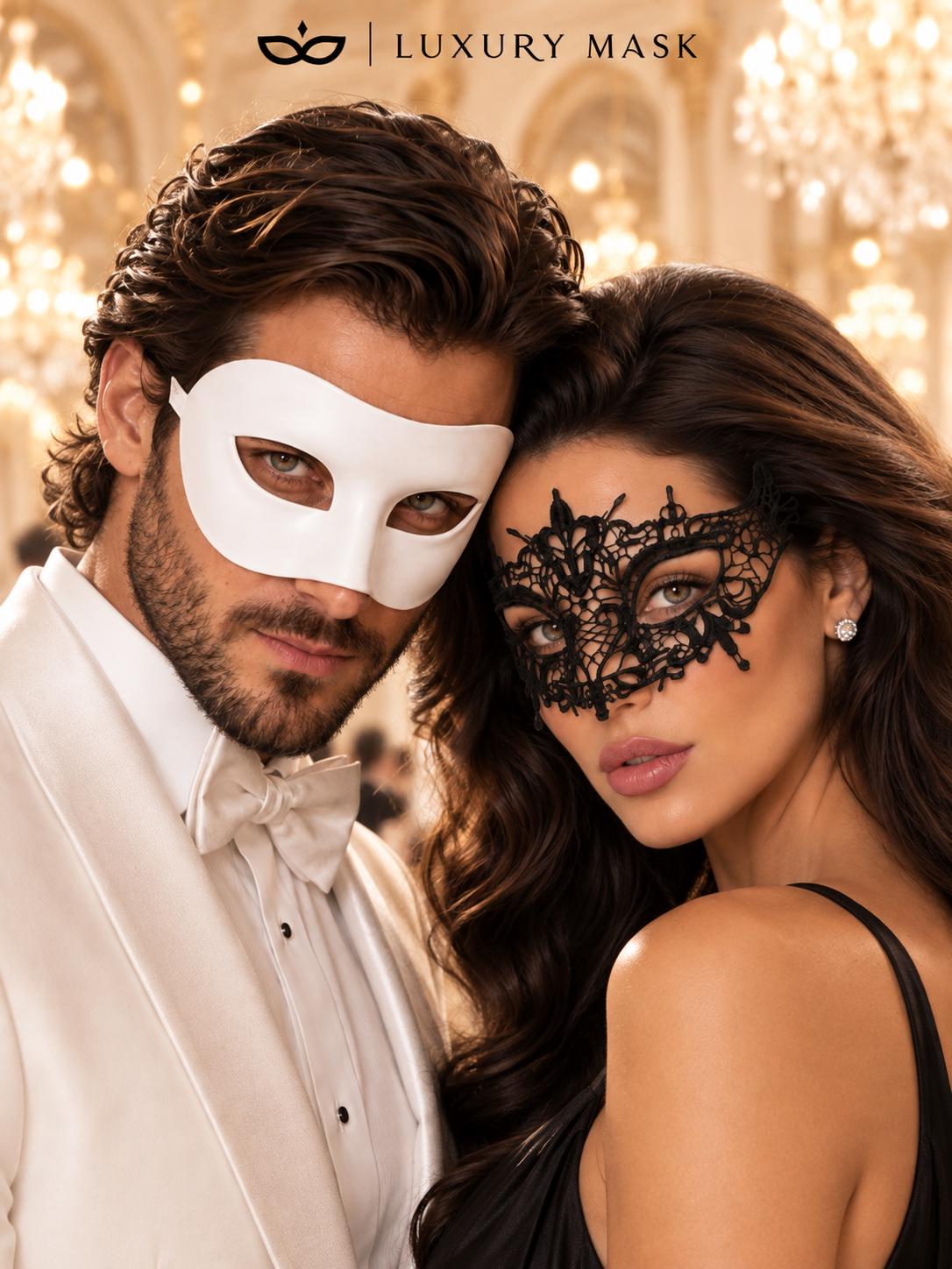 White & Black Couples Masquerade Mask Set | Classic Venetian Mask for Men and Elegant Lace Mask for Women product view 2