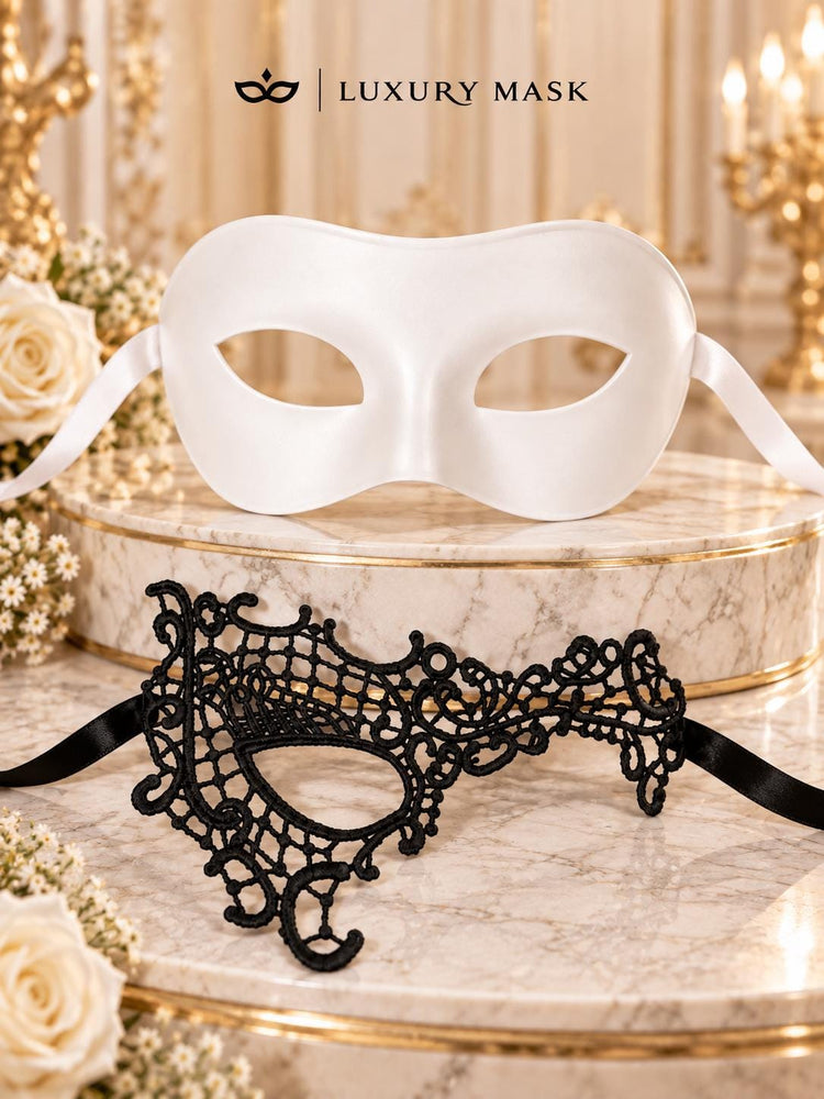 White & Black Couples Masquerade Mask Set | Classic Venetian Mask for Men and Phantom Lace Mask for Women product view 7