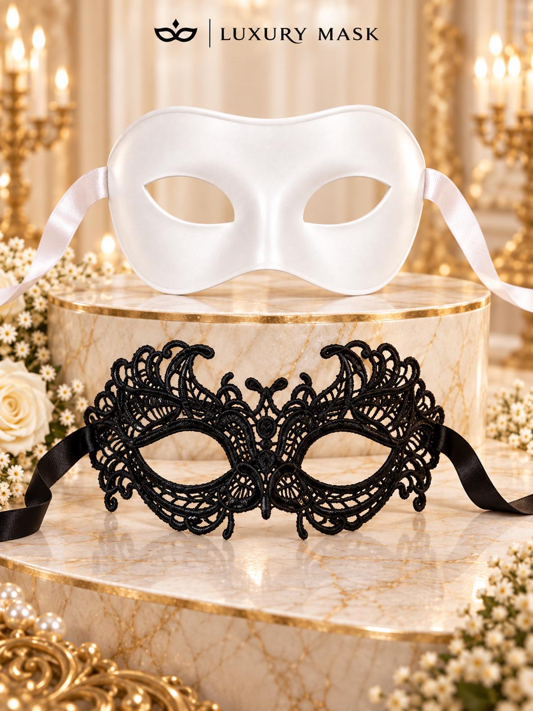 White Classic Venetian Mask for Men & Black Lace Masquerade Mask for Women | Black and White Couples Mask Set product view 6