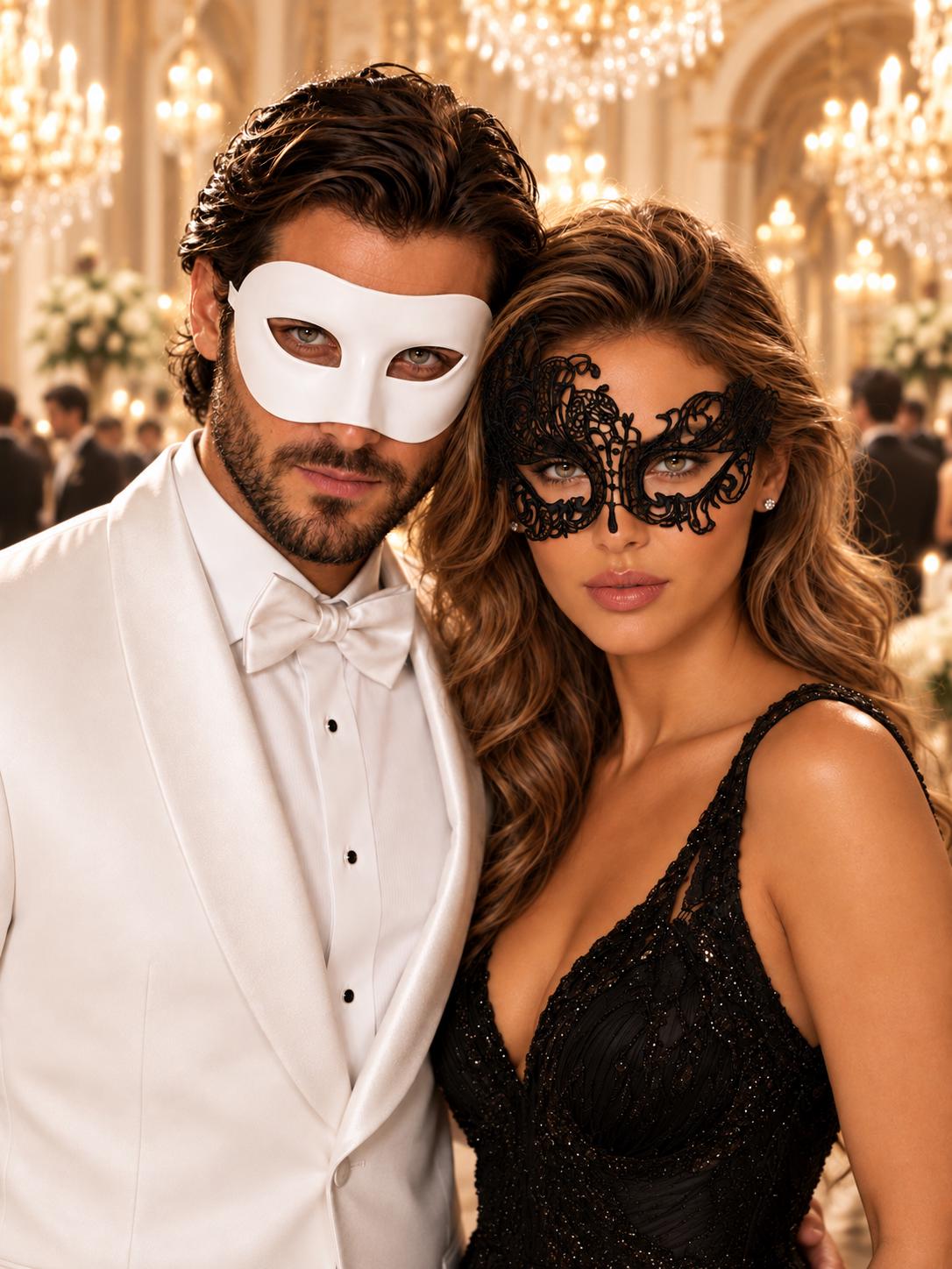 White Classic Venetian Mask for Men & Black Swan Lace Mask for Women | Elegant Black and White Couples Masquerade Mask Set
