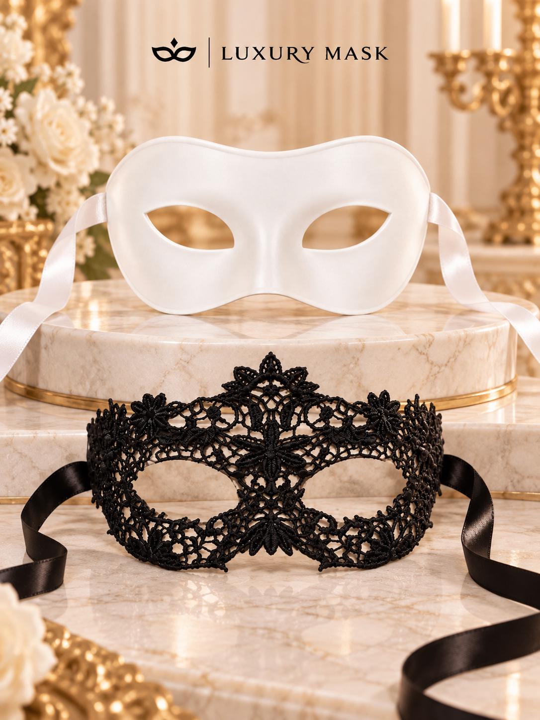 White Classic Venetian Mask for Men & Black Flower Lace Mask for Women | His and Hers Masquerade Mask Set product view 6