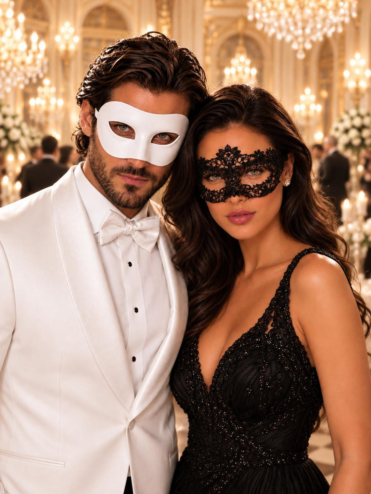 White Classic Venetian Mask for Men & Black Flower Lace Mask for Women | His and Hers Masquerade Mask Set