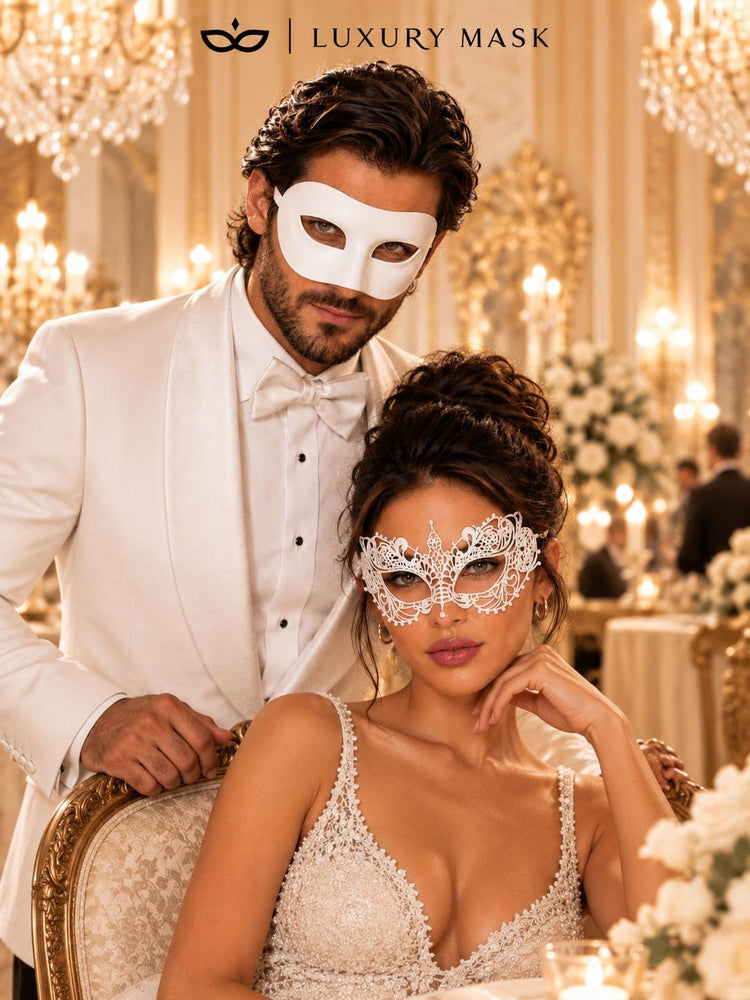 White Couples Masquerade Mask Set | Classic Venetian Mask for Men & Elegant White Lace Mask for Women product view 4