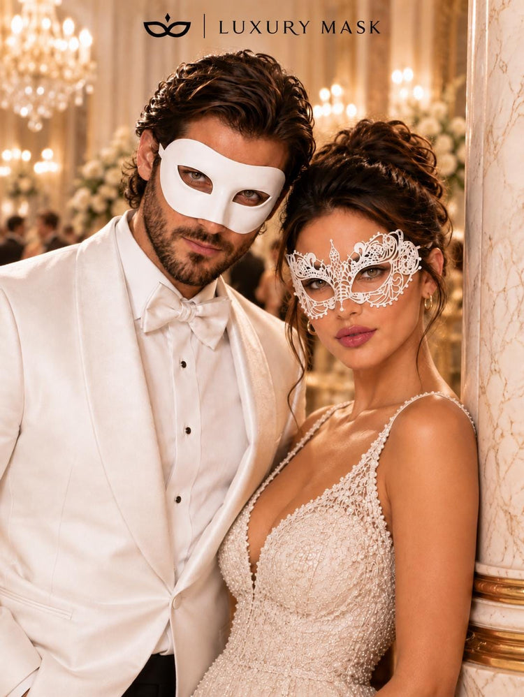 White Couples Masquerade Mask Set | Classic Venetian Mask for Men & Elegant White Lace Mask for Women product view 5