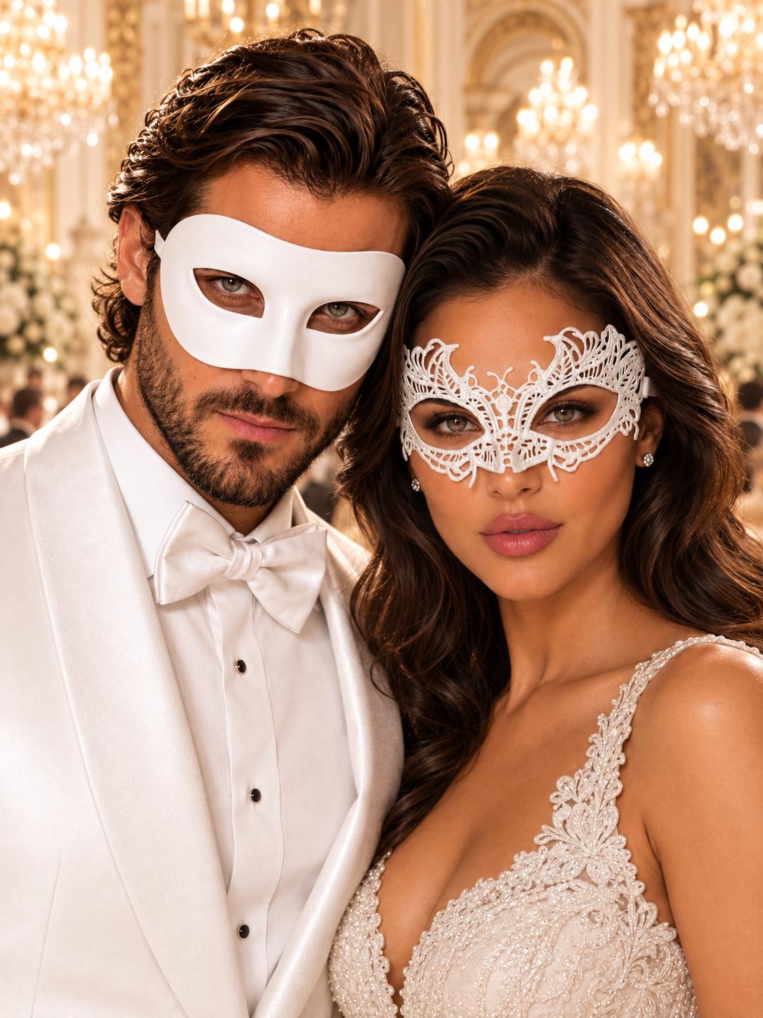 White Classic Venetian Mask for Men & White Lace Mask for Women | Elegant White Couples Masquerade Mask Set product view 6