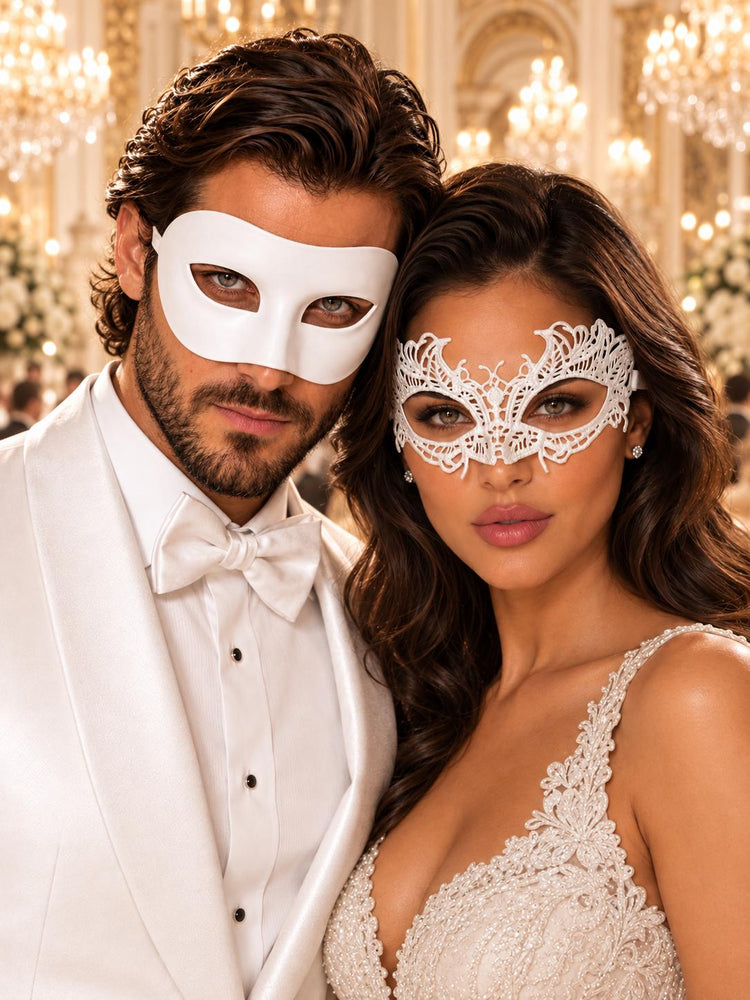 White Classic Venetian Mask for Men & White Lace Mask for Women | Elegant White Couples Masquerade Mask Set product view 6