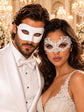 White Classic Venetian Mask for Men & White Lace Mask for Women | Elegant White Couples Masquerade Mask Set product view 6