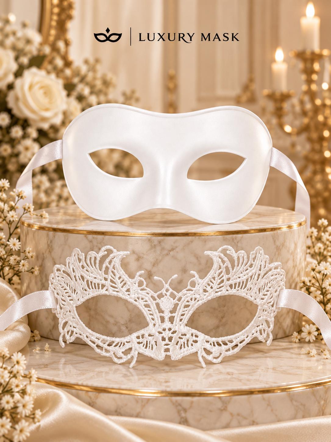 White Classic Venetian Mask for Men & White Lace Mask for Women | Elegant White Couples Masquerade Mask Set product view 7