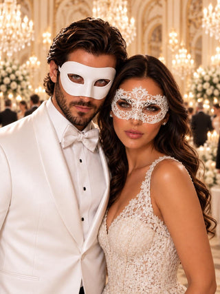 White Classic Venetian Mask for Men & White Flower Lace Mask for Women | Matching White Couples Masquerade Mask Set - product image 1