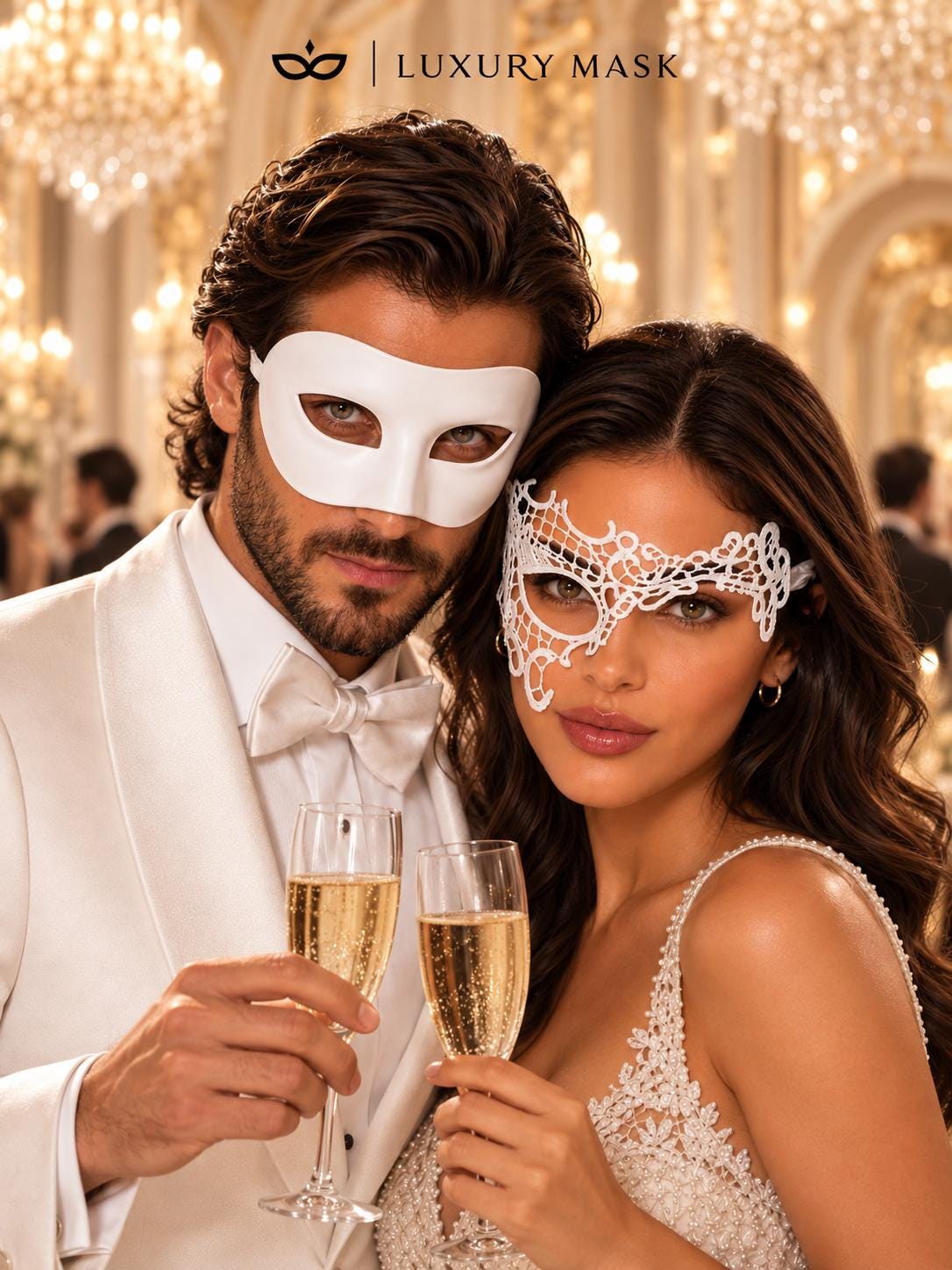 White Classic Venetian Mask for Men & White Phantom Lace Mask for Women | Elegant White Couples Masquerade Mask Set - product image 3