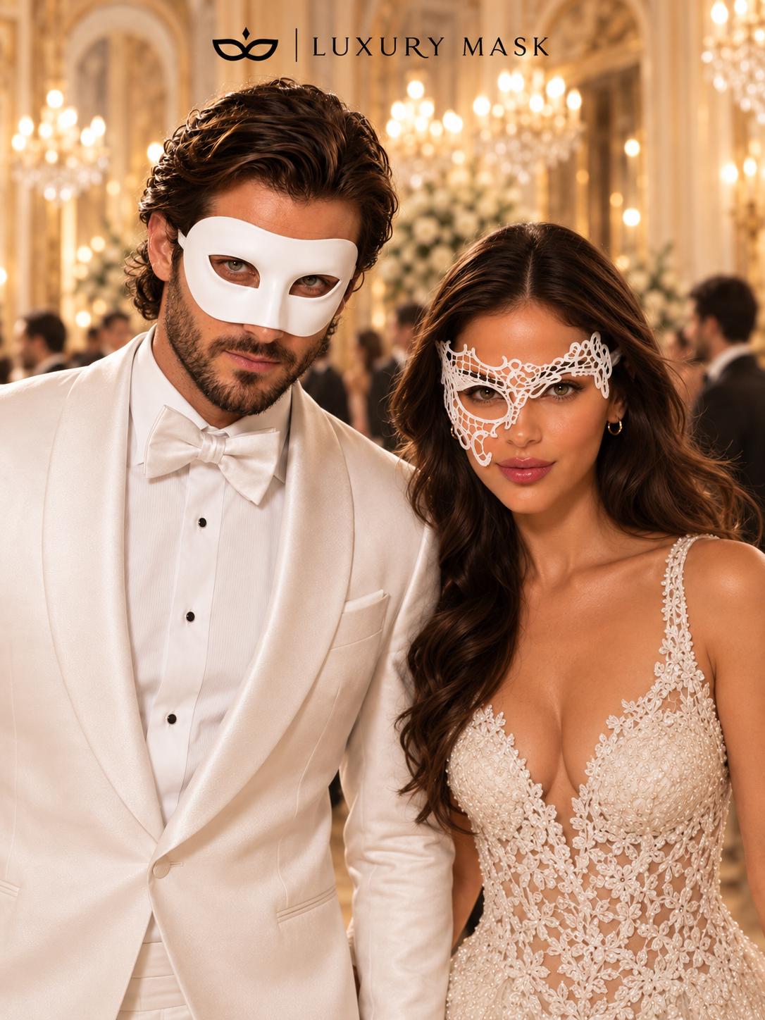 White Classic Venetian Mask for Men & White Phantom Lace Mask for Women | Elegant White Couples Masquerade Mask Set - product image 5