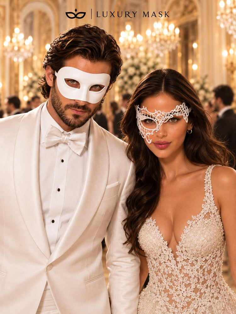White Classic Venetian Mask for Men & White Phantom Lace Mask for Women | Elegant White Couples Masquerade Mask Set - product image 5