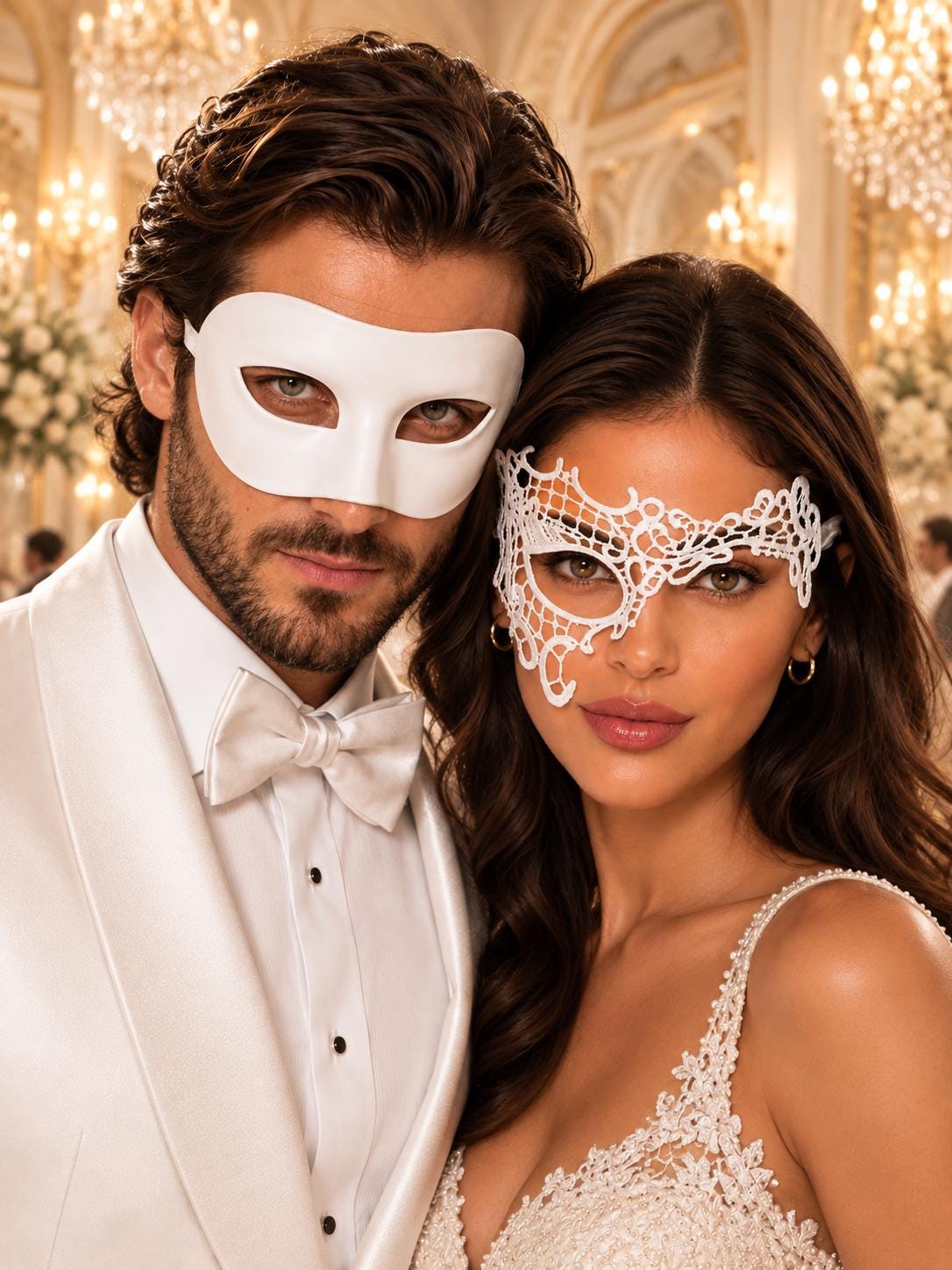 White Classic Venetian Mask for Men & White Phantom Lace Mask for Women | Elegant White Couples Masquerade Mask Set - product image 6