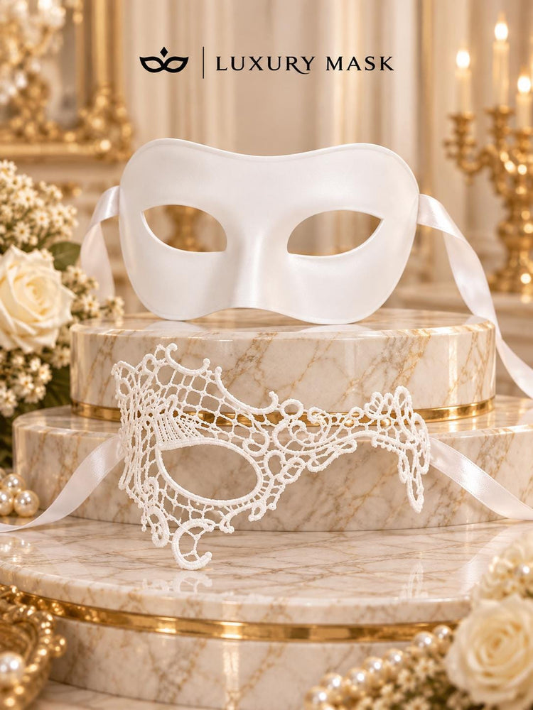 White Classic Venetian Mask for Men & White Phantom Lace Mask for Women | Elegant White Couples Masquerade Mask Set - product image 8