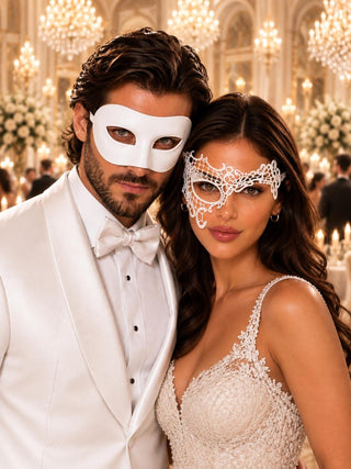White Classic Venetian Mask for Men & White Phantom Lace Mask for Women | Elegant White Couples Masquerade Mask Set - product image 1