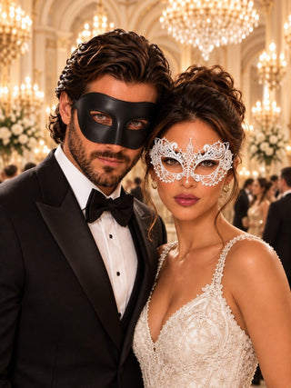 Black Classic Venetian Mask for Men & White Lace Mask for Women | Black and White Couples Masquerade Mask Set - product image 1