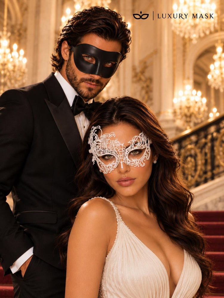 Black & White Couples Masquerade Mask Set | Classic Venetian Mask for Men and White Swan Lace Mask for Women - product image 3