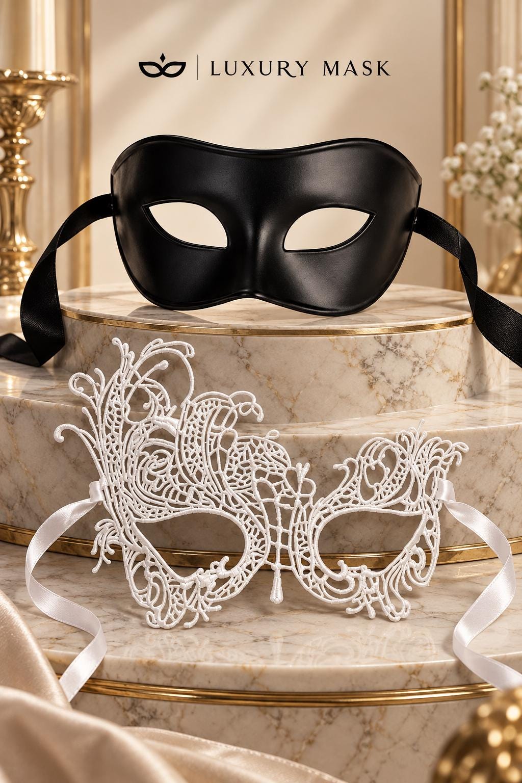 Black & White Couples Masquerade Mask Set | Classic Venetian Mask for Men and White Swan Lace Mask for Women - product image 6