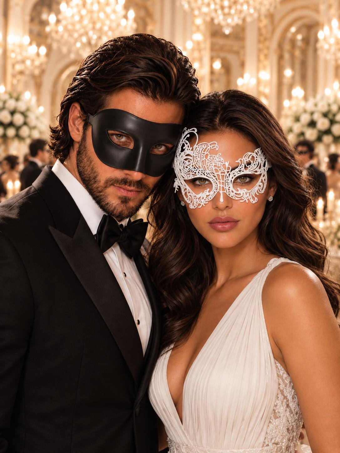 Black & White Couples Masquerade Mask Set | Classic Venetian Mask for Men and White Swan Lace Mask for Women - product image 1