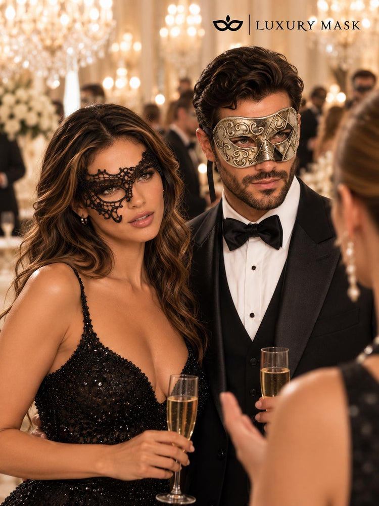 Black Phantom Lace Mask for Women with Silver & Black Antique Venetian Mask for Men | Couples Masquerade Set - product image 6