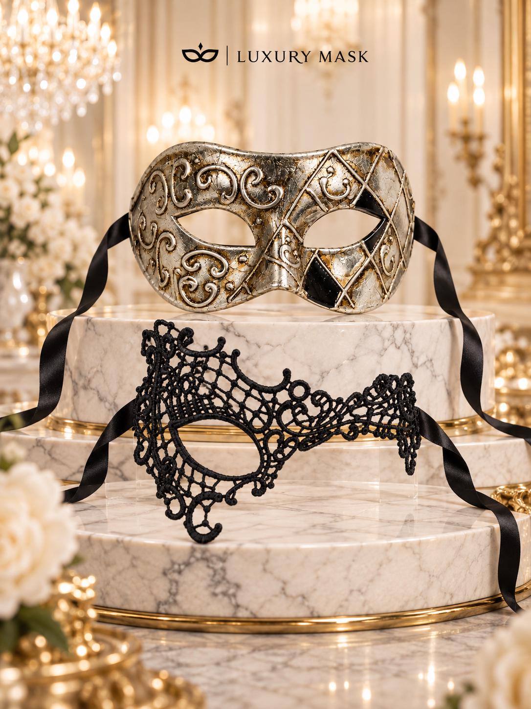 Black Phantom Lace Mask for Women with Silver & Black Antique Venetian Mask for Men | Couples Masquerade Set - product image 7