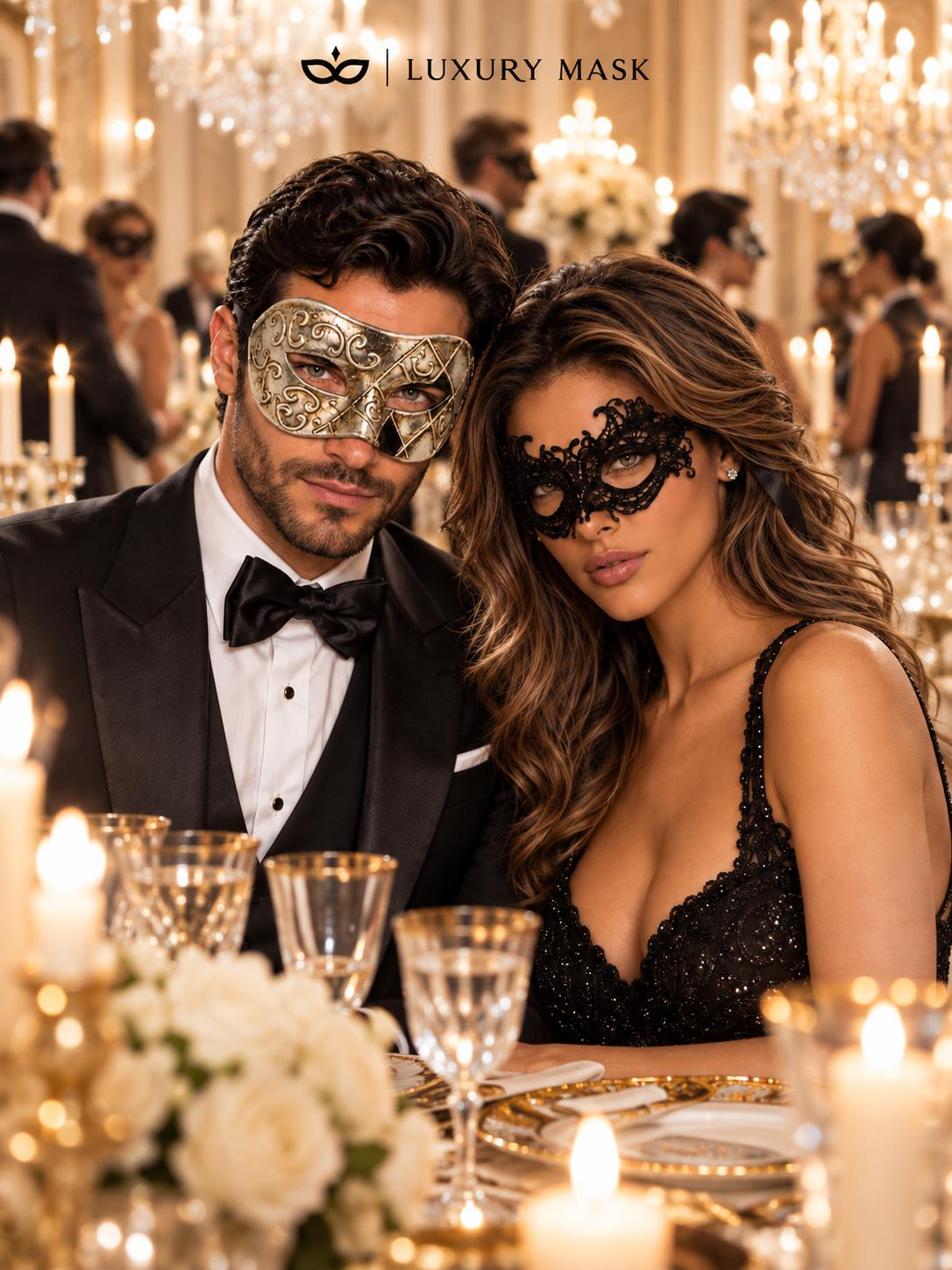 Silver Black Antique Venetian Mask & Black Lace Mask | His and Hers Masquerade Masks for Couples - product image 3