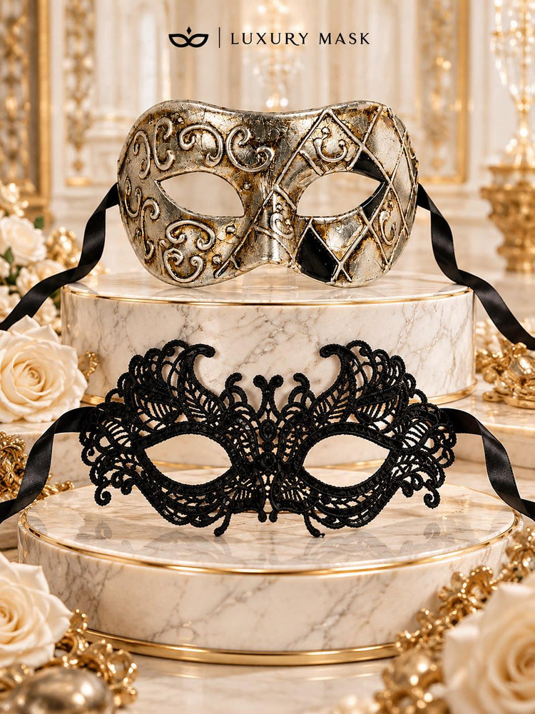 Silver Black Antique Venetian Mask & Black Lace Mask | His and Hers Masquerade Masks for Couples - product image 5
