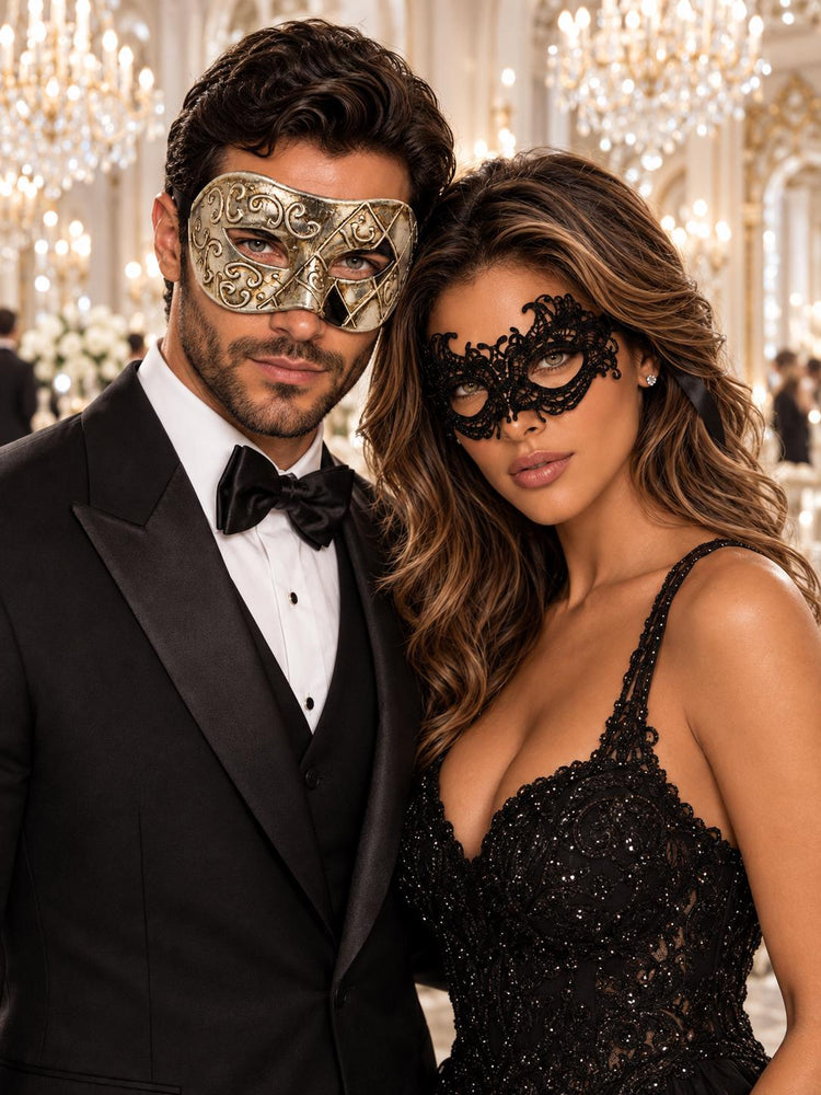 Silver Black Antique Venetian Mask & Black Lace Mask | His and Hers Masquerade Masks for Couples - product image 1
