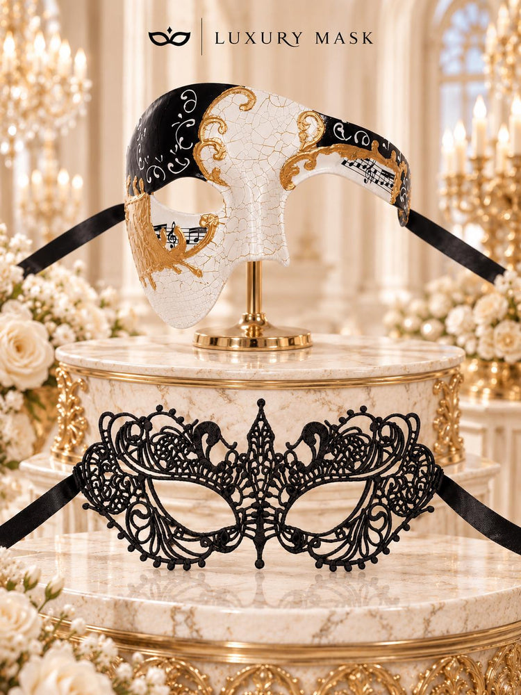 Black Gold Phantom of the Opera Mask for Men with Black Lace Mask for Women | Antique Style Couples Masquerade Set - product image 6