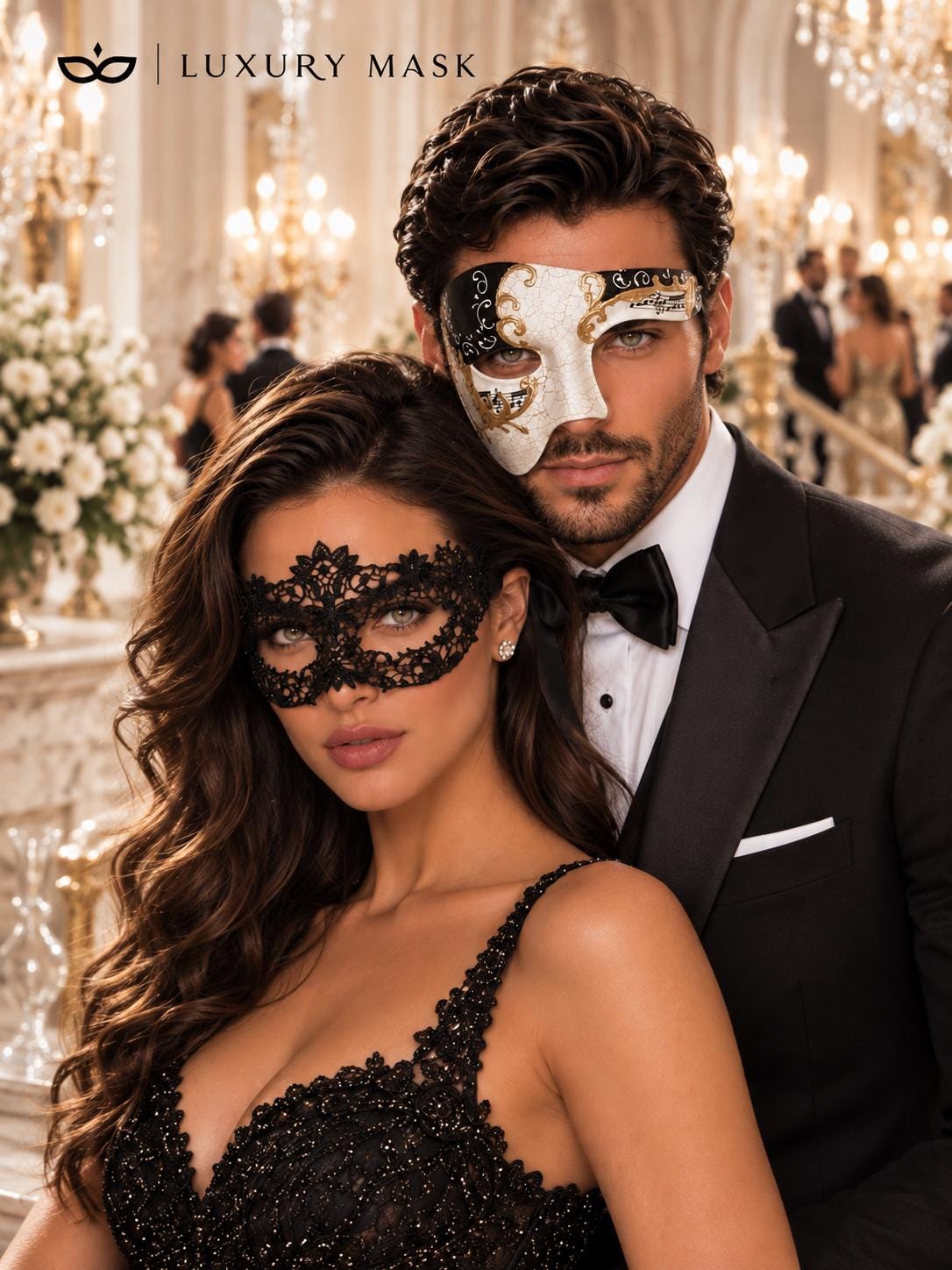 Black Gold Phantom Men’s Mask & Black Lace Women’s Mask | Antique Venetian Masquerade Masks for Couples - product image 3