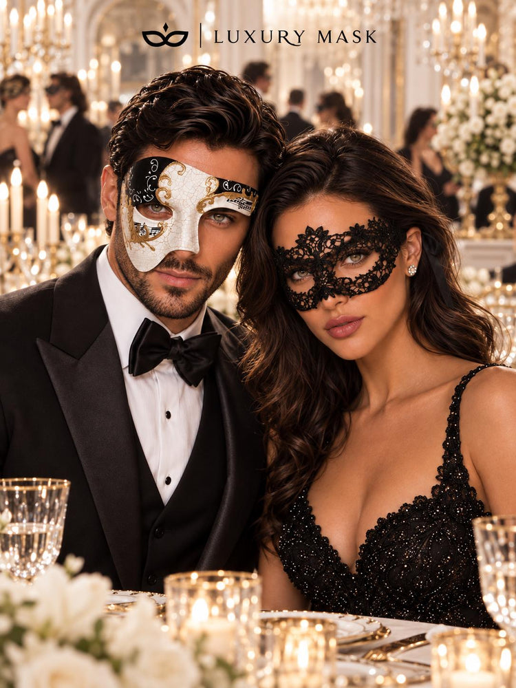 Black Gold Phantom Men’s Mask & Black Lace Women’s Mask | Antique Venetian Masquerade Masks for Couples - product image 4