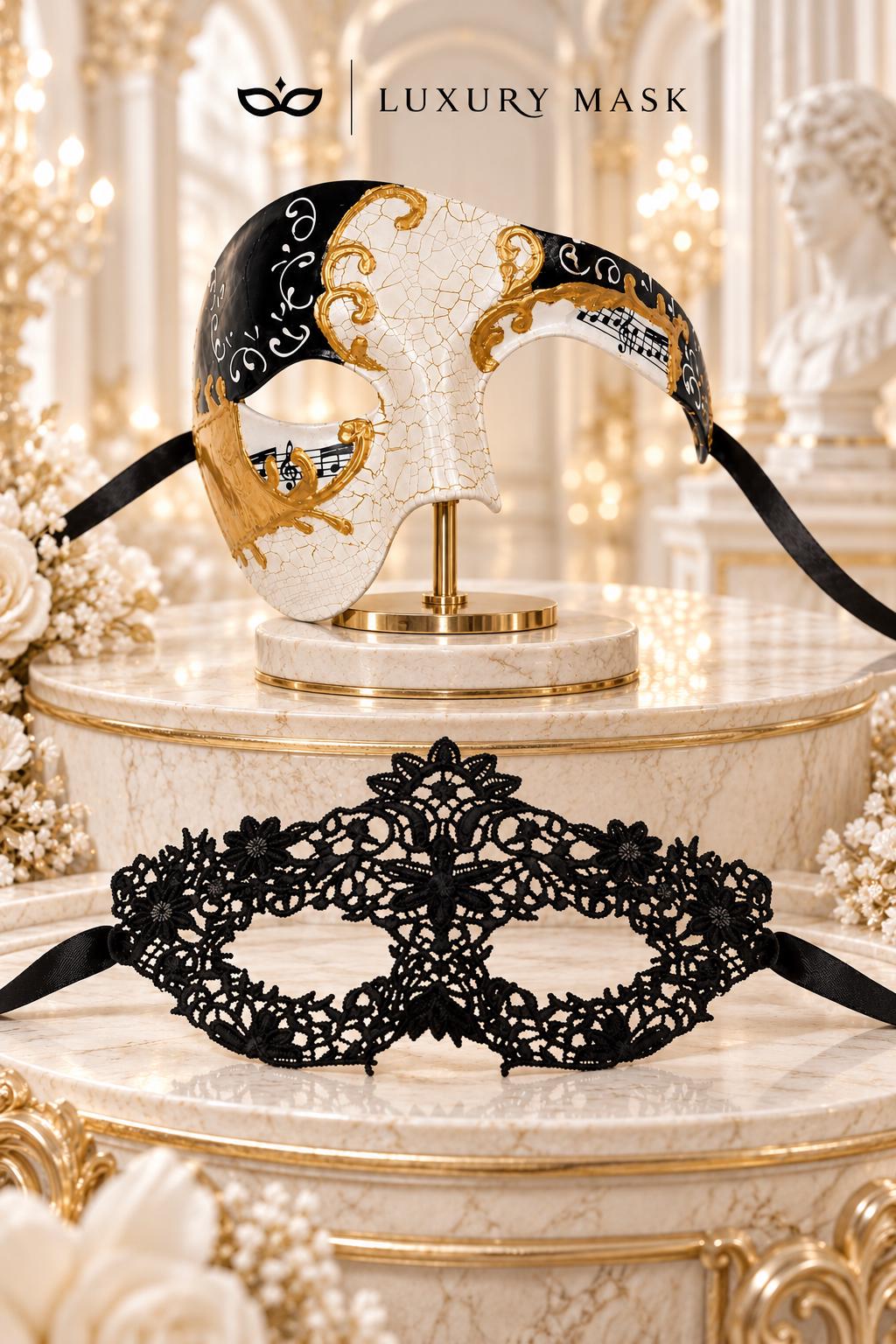 Black Gold Phantom Men’s Mask & Black Lace Women’s Mask | Antique Venetian Masquerade Masks for Couples - product image 6