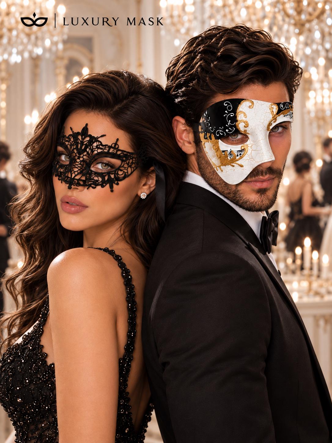 Black Gold Antique Phantom Mask for Men with Black Lace Mask for Women | Venetian Masquerade Couple Masks - product image 5