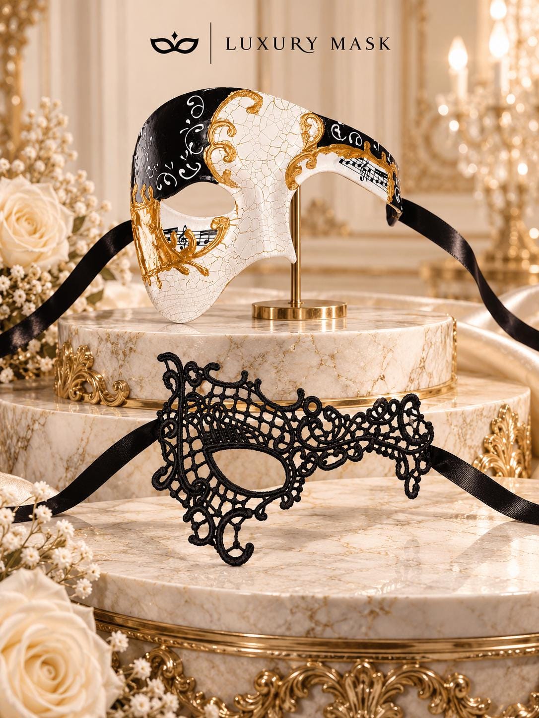 Black Phantom Lace Mask for Women & Black Gold Phantom Mask for Men | Antique Style Masquerade Couple Set - product image 6