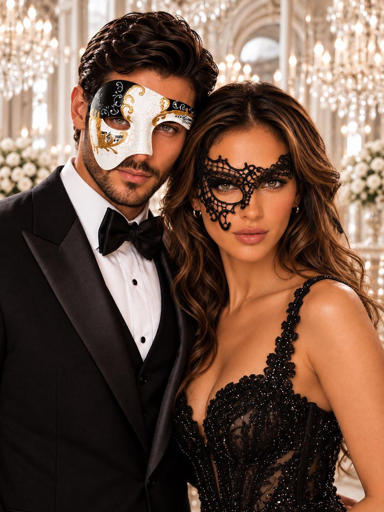 Black Phantom Lace Mask for Women & Black Gold Phantom Mask for Men | Antique Style Masquerade Couple Set - product image 1