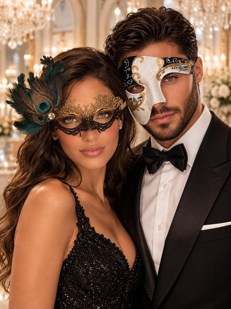 Black Gold Masquerade Masks for Couples | Men’s Antique Phantom Mask with Women’s Peacock Feather Lace Mask - product image 1