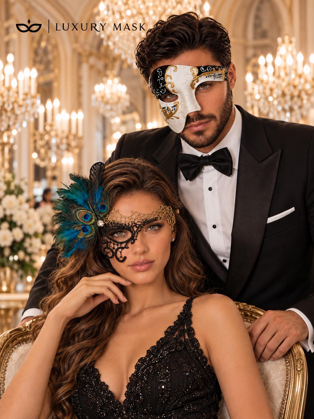 Black Gold Phantom Peacock Mask for Women with Antique Phantom Mask for Men | Dramatic Couples Masquerade Set - product image 5