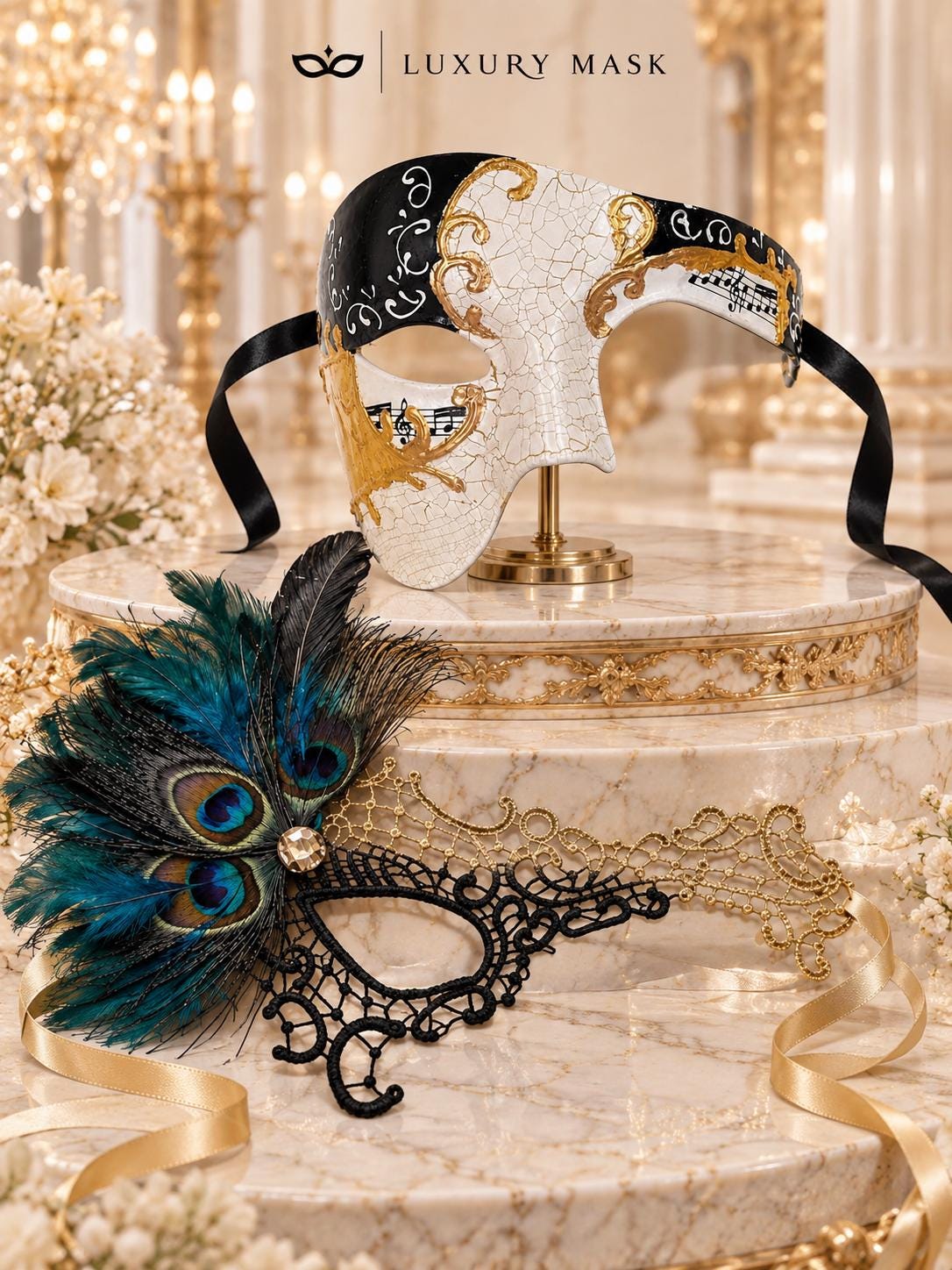 Black Gold Phantom Peacock Mask for Women with Antique Phantom Mask for Men | Dramatic Couples Masquerade Set - product image 6