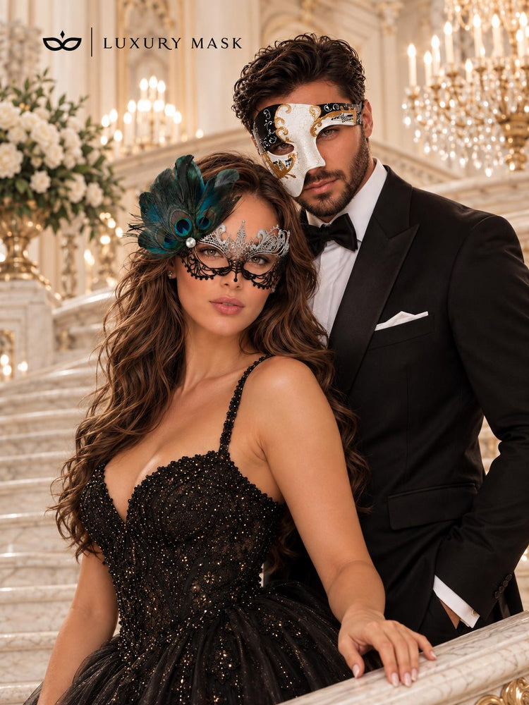 Black Silver Peacock Lace Mask for Women & Black Gold Antique Phantom Mask for Men | Venetian Masquerade Couple Set - product image 3