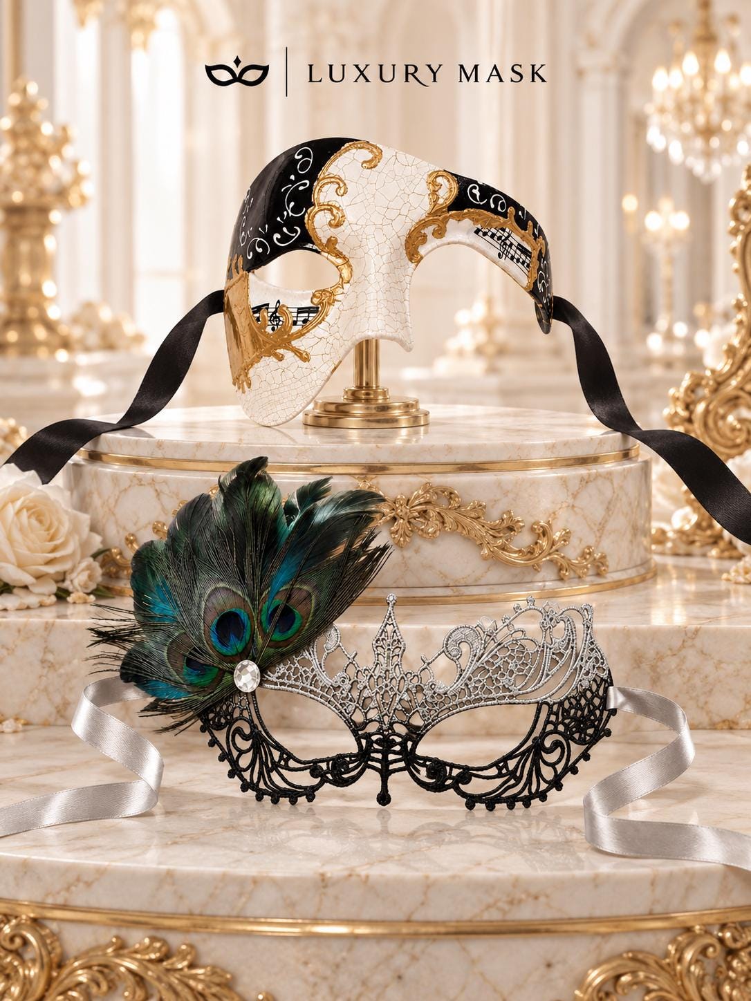 Black Silver Peacock Lace Mask for Women & Black Gold Antique Phantom Mask for Men | Venetian Masquerade Couple Set - product image 6