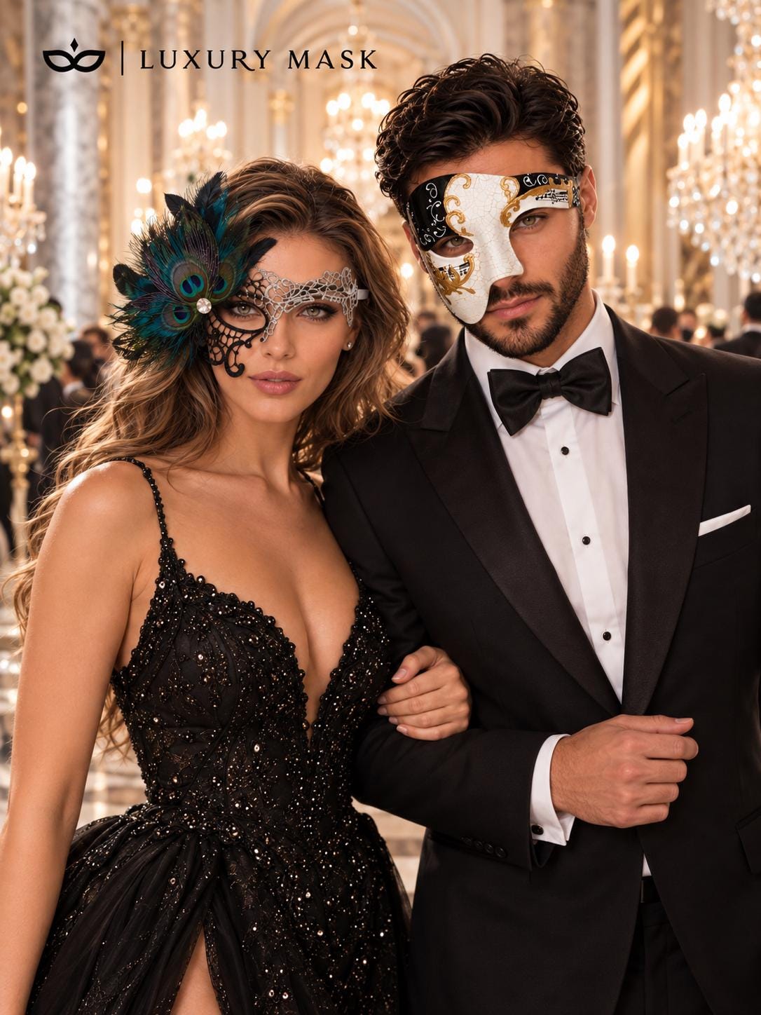 Black Gold Antique Phantom Mask & Black Silver Phantom Lace Peacock Mask | His and Hers Venetian Masquerade Set - product image 4
