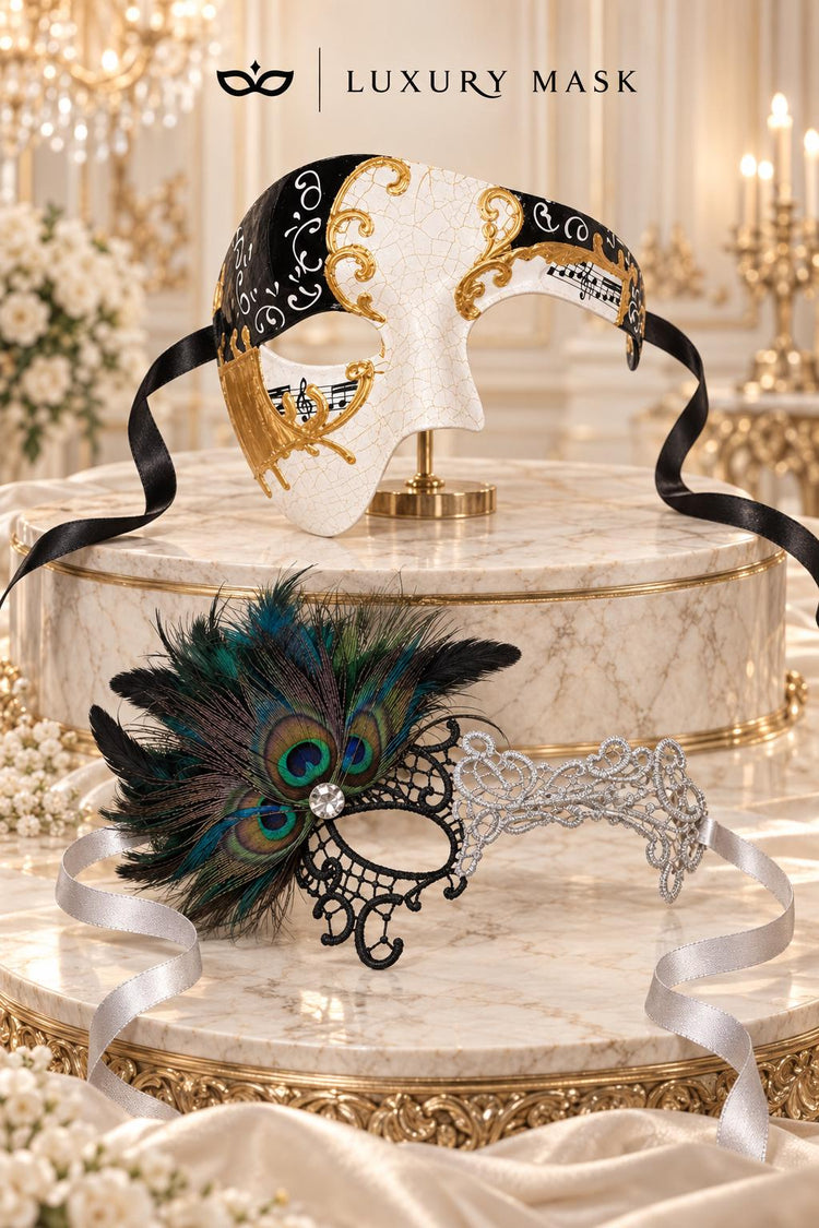 Black Gold Antique Phantom Mask & Black Silver Phantom Lace Peacock Mask | His and Hers Venetian Masquerade Set - product image 6