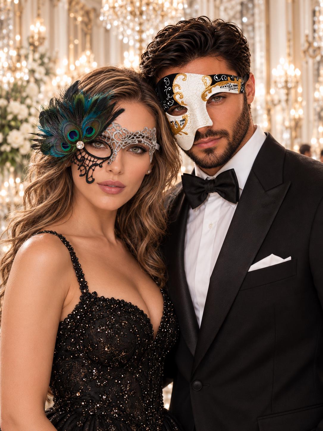 Black Gold Antique Phantom Mask & Black Silver Phantom Lace Peacock Mask | His and Hers Venetian Masquerade Set - product image 1