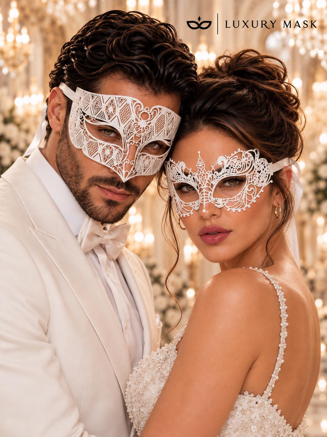 White Laser Cut Metal Venetian Mask for Men with White Lace Mask for Women | Elegant Masquerade Couple Set - product image 3