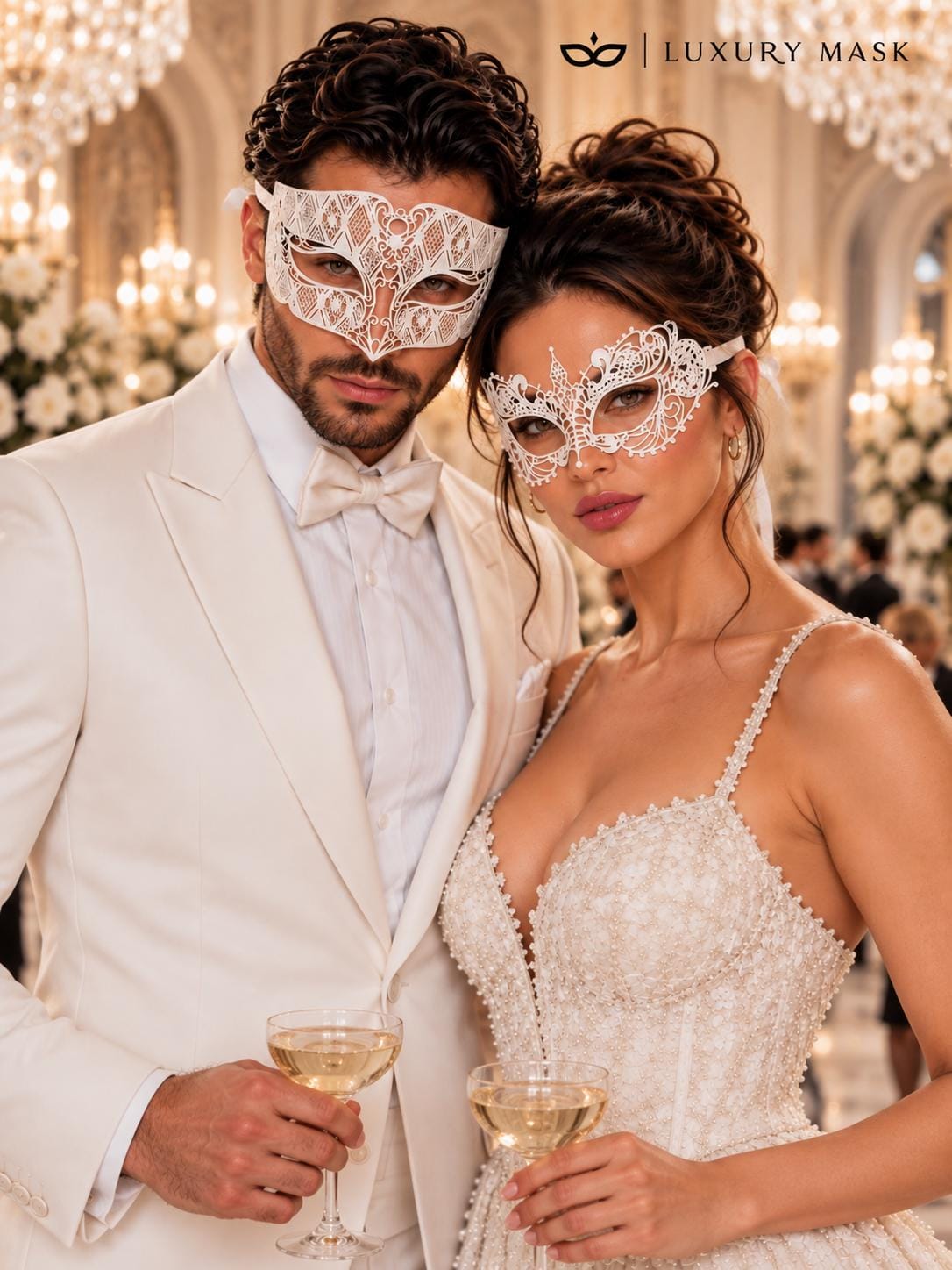 White Laser Cut Metal Venetian Mask for Men with White Lace Mask for Women | Elegant Masquerade Couple Set - product image 4