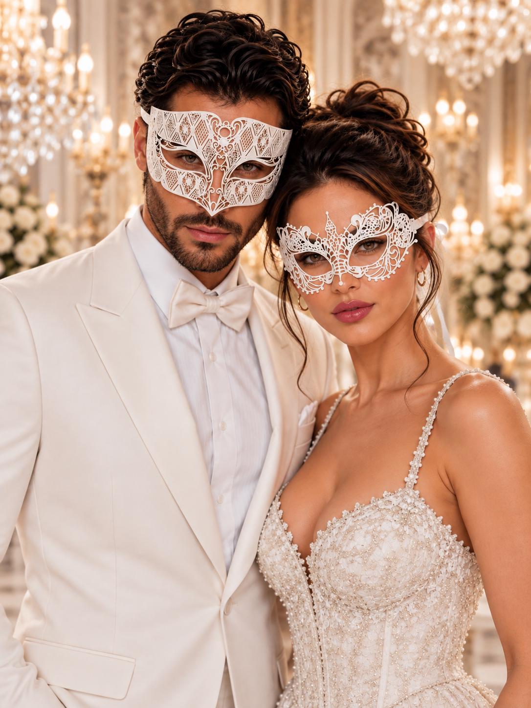 White Laser Cut Metal Venetian Mask for Men with White Lace Mask for Women | Elegant Masquerade Couple Set - product image 1