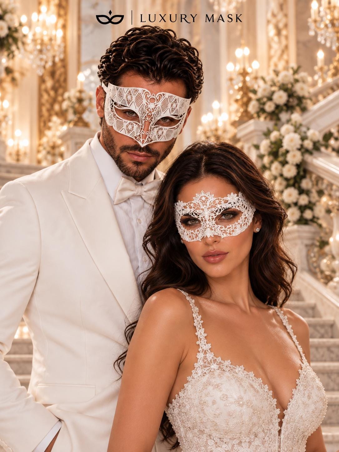 White Flower Lace Mask for Women with White Diamond Laser Cut Metal Mask for Men | Venetian Masquerade Couple Set - product image 3