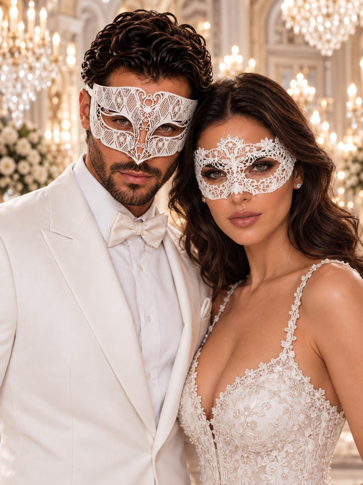 White Flower Lace Mask for Women with White Diamond Laser Cut Metal Mask for Men | Venetian Masquerade Couple Set - product image 1